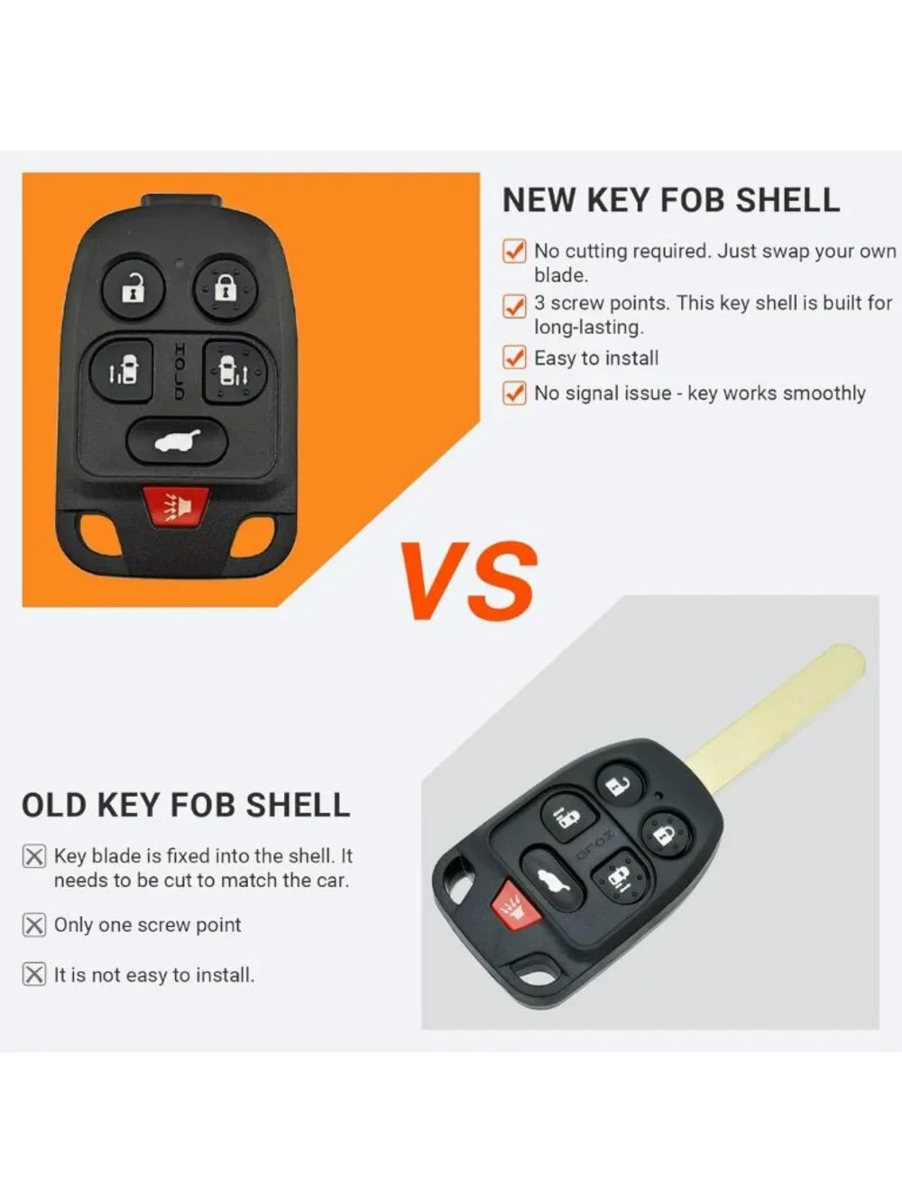 Upgraded Key Fob Case Shell for Honda Odyssey 2011-2013 - 6 Button Keyless Entry